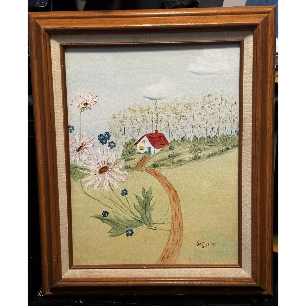 Joyce Goff 1999 Original Oil Painting Landscape Cottage Flowers Framed Folk Art